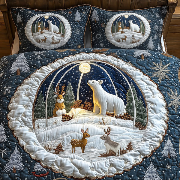 Whimsical Winter quilted 3-piece bedding set on a made bed in a winter-styled bedroom