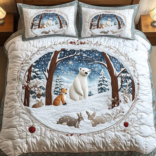 Whimsical Winter quilted 3-piece bedding set on a made bed in a winter-styled bedroom
