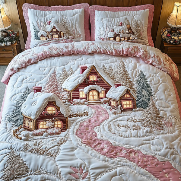 Whimsical Winter quilted 3-piece bedding set on a made bed in a winter-styled bedroom