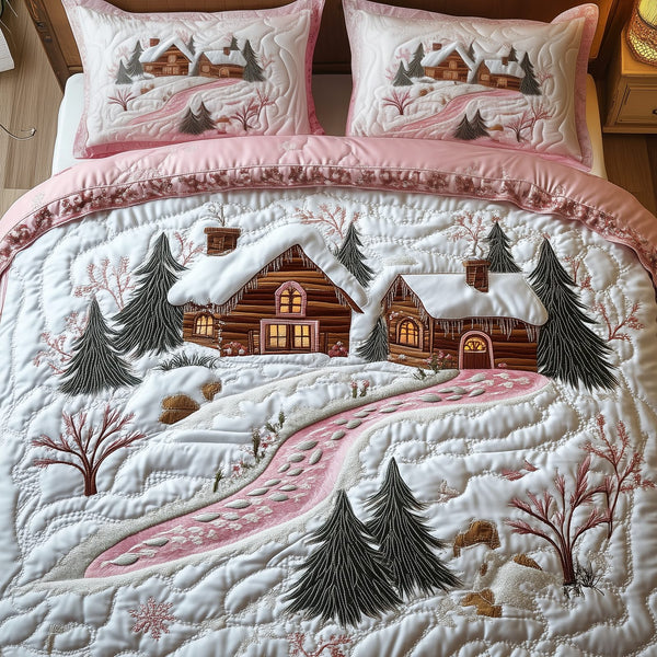 Whimsical Winter quilted 3-piece bedding set on a made bed in a winter-styled bedroom