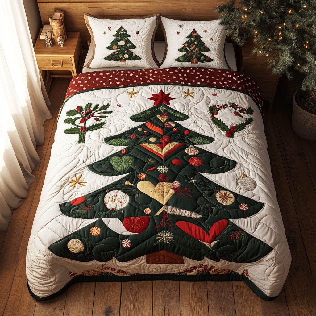 Whimsical Winter Trees quilted 3-piece bedding set on a made bed in a winter-styled bedroom