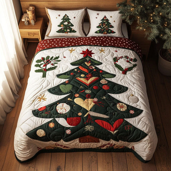 Whimsical Winter Trees quilted 3-piece bedding set on a made bed in a winter-styled bedroom