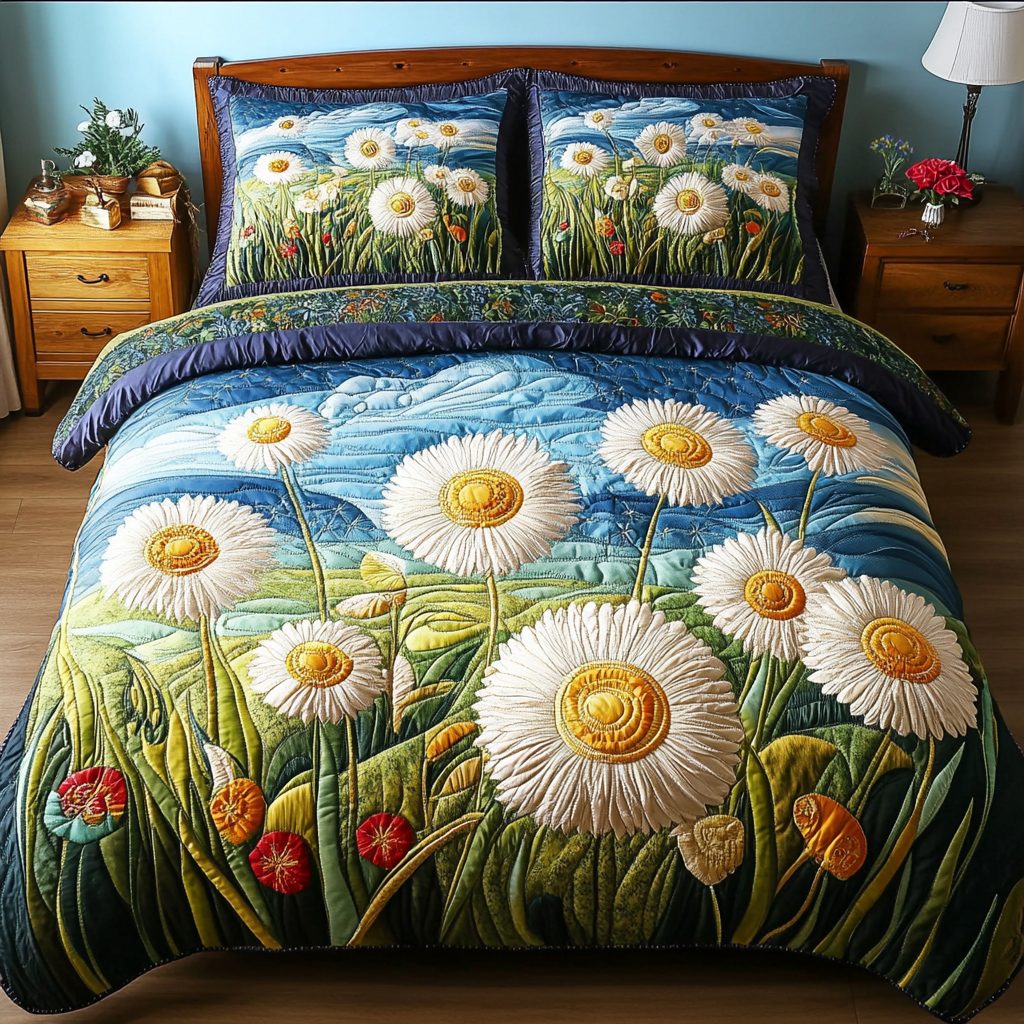 Whimsical Wishes quilted 3-piece bedding set on a made bed with two matching pillow shams