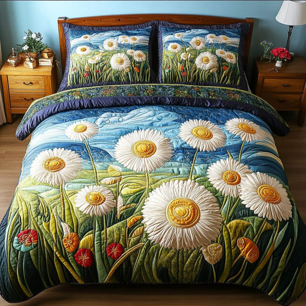 Whimsical Wishes quilted 3-piece bedding set on a made bed with two matching pillow shams