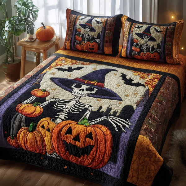 Whimsical Witch quilted 3-piece bedding set on a made bed against a dark styled interior