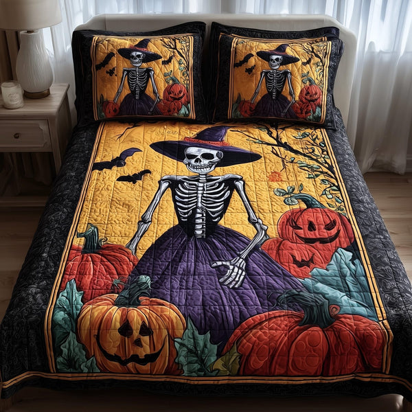Whimsical Witch quilted 3-piece bedding set on a made bed against a dark styled interior