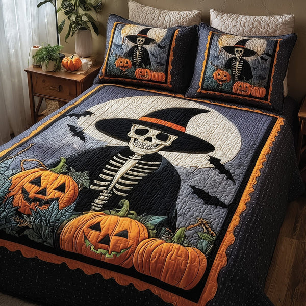 Whimsical Witch quilted 3-piece bedding set on a made bed against a dark styled interior