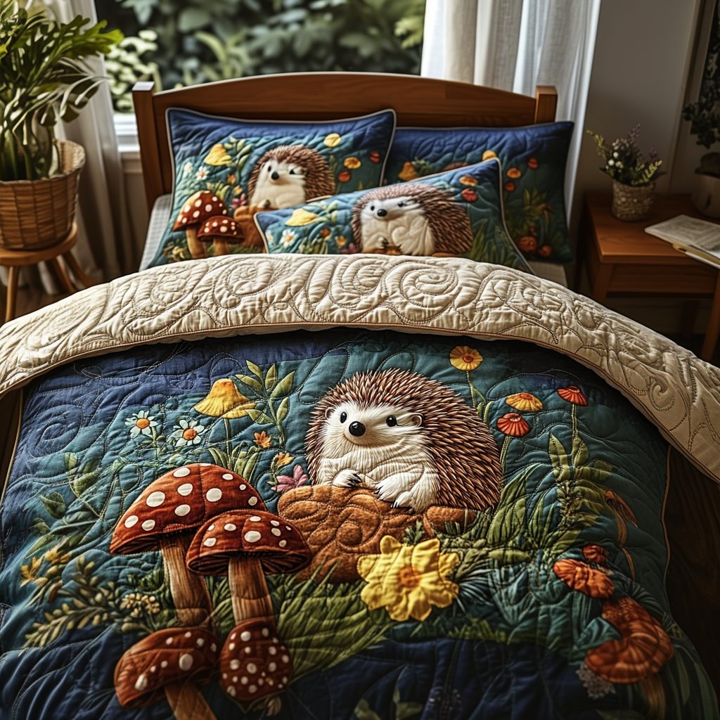 Whimsical Woodland quilted 3-piece bedding set on a made bed with two matching pillow shams