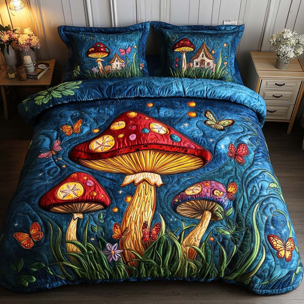 Whimsical Woods quilted 3-piece bedding set on a made bed with two matching pillow shams