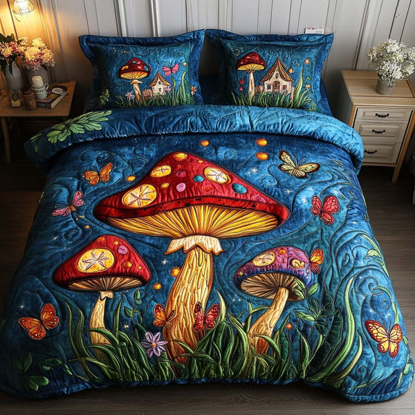 Whimsical Woods quilted 3-piece bedding set on a made bed with two matching pillow shams