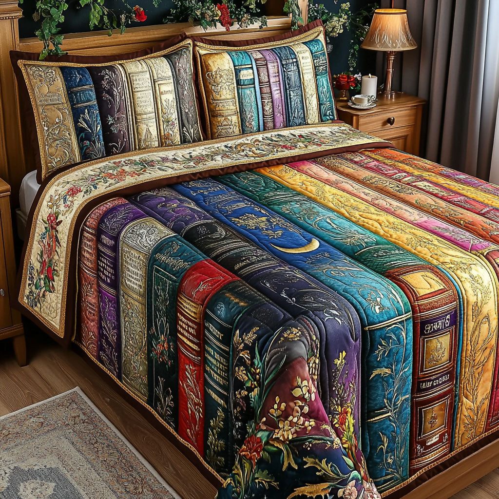 Whimsical Words quilted 3-piece bedding set on a made bed with two matching pillow shams