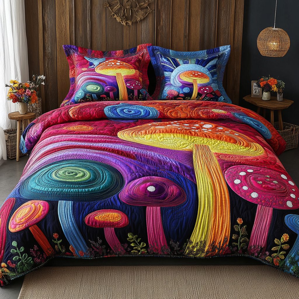 Whimsy Glow quilted 3-piece bedding set on a made bed with two matching pillow shams