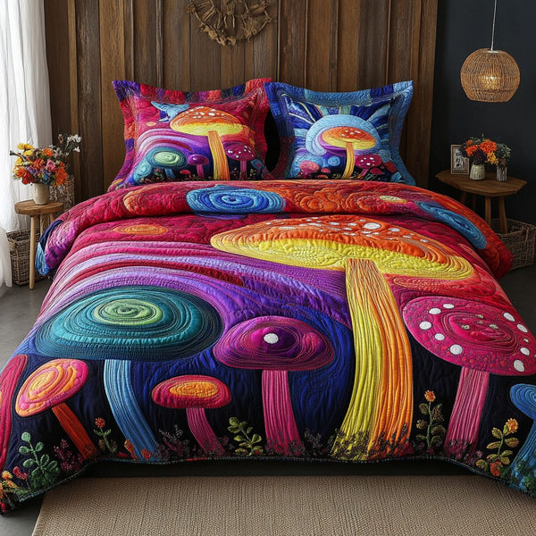 Whimsy Glow quilted 3-piece bedding set on a made bed with two matching pillow shams