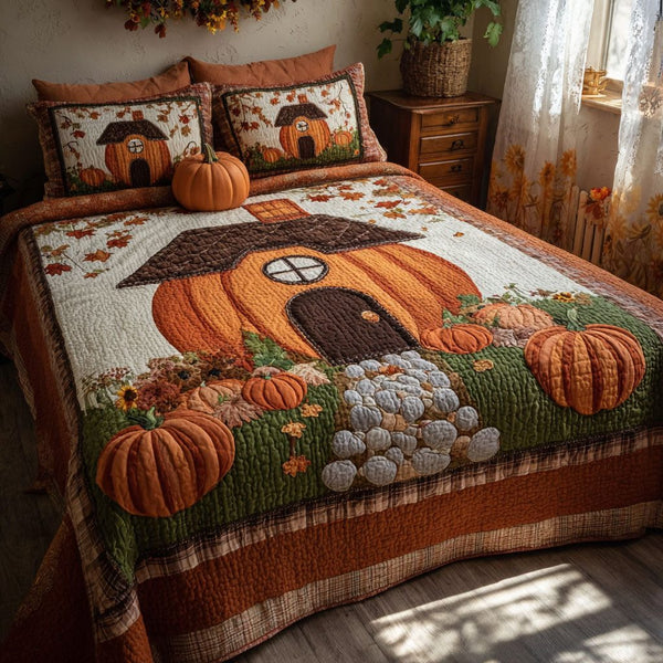Whimsy Gourd Haven quilted 3-piece bedding set on a made bed with two matching pillow shams