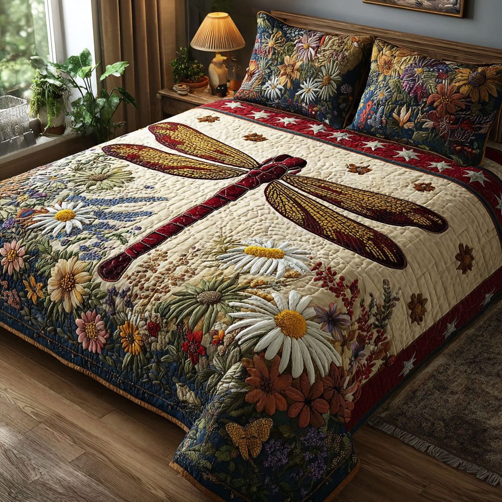 Whimsy in the Air quilted 3-piece bedding set on a made bed with two matching pillow shams