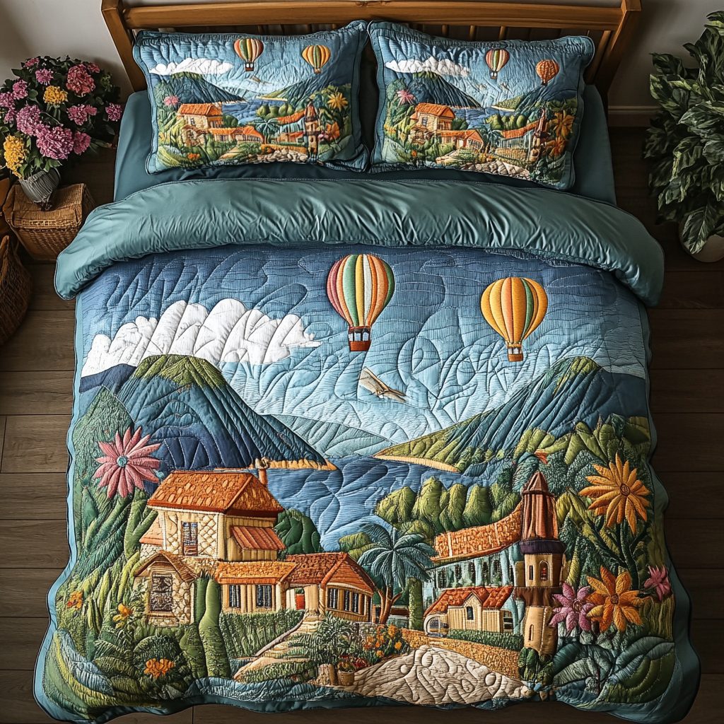 Whimsy Wind quilted 3-piece bedding set on a made bed with two matching pillow shams