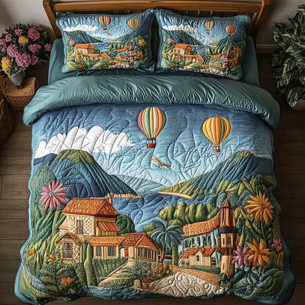 Whimsy Wind quilted 3-piece bedding set on a made bed with two matching pillow shams