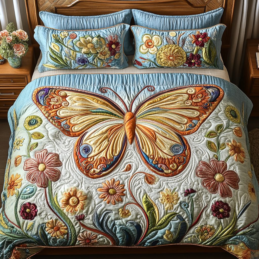 Whimsy Winged Dreams quilted 3-piece bedding set on a made bed with two matching pillow shams