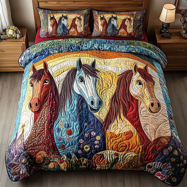 Whinny Wonders quilted 3-piece bedding set on a made bed with two matching pillow shams