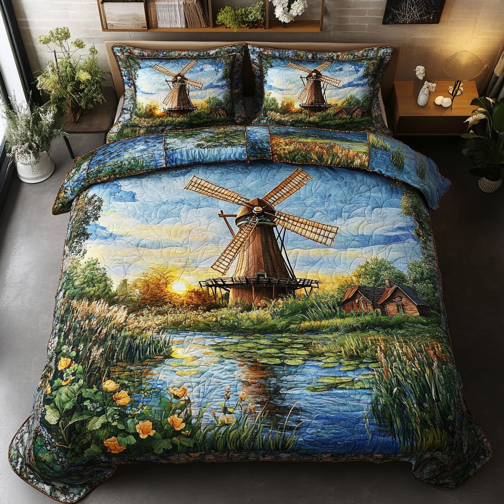 Whirling Breeze quilted 3-piece bedding set on a made bed with two matching pillow shams