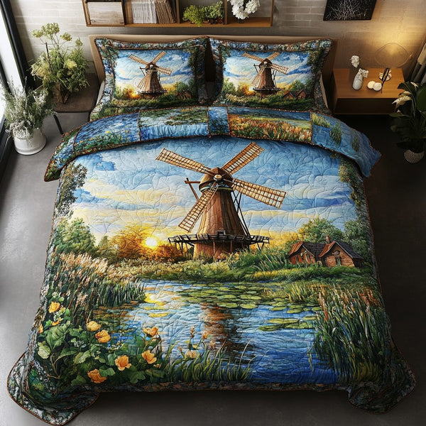 Whirling Breeze quilted 3-piece bedding set on a made bed with two matching pillow shams