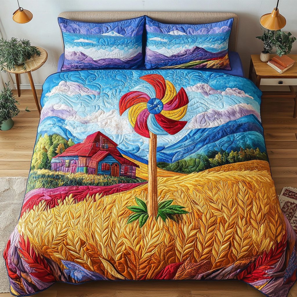 Whirling Pinwheel quilted 3-piece bedding set on a made bed with two matching pillow shams