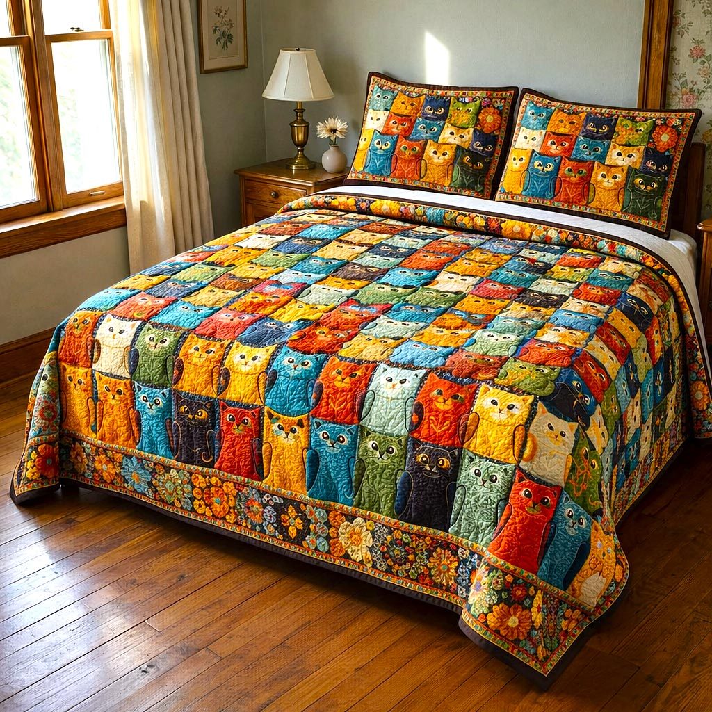 Whisker Charm quilted 3-piece bedding set on a made bed with two matching pillow shams