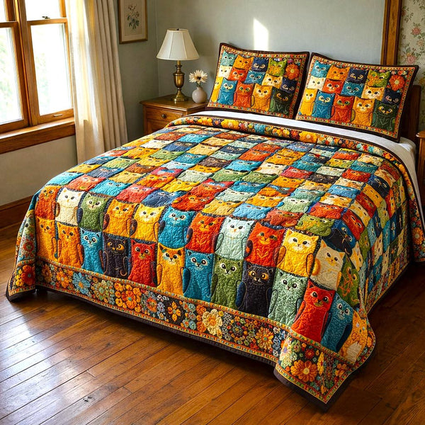 Whisker Charm quilted 3-piece bedding set on a made bed with two matching pillow shams