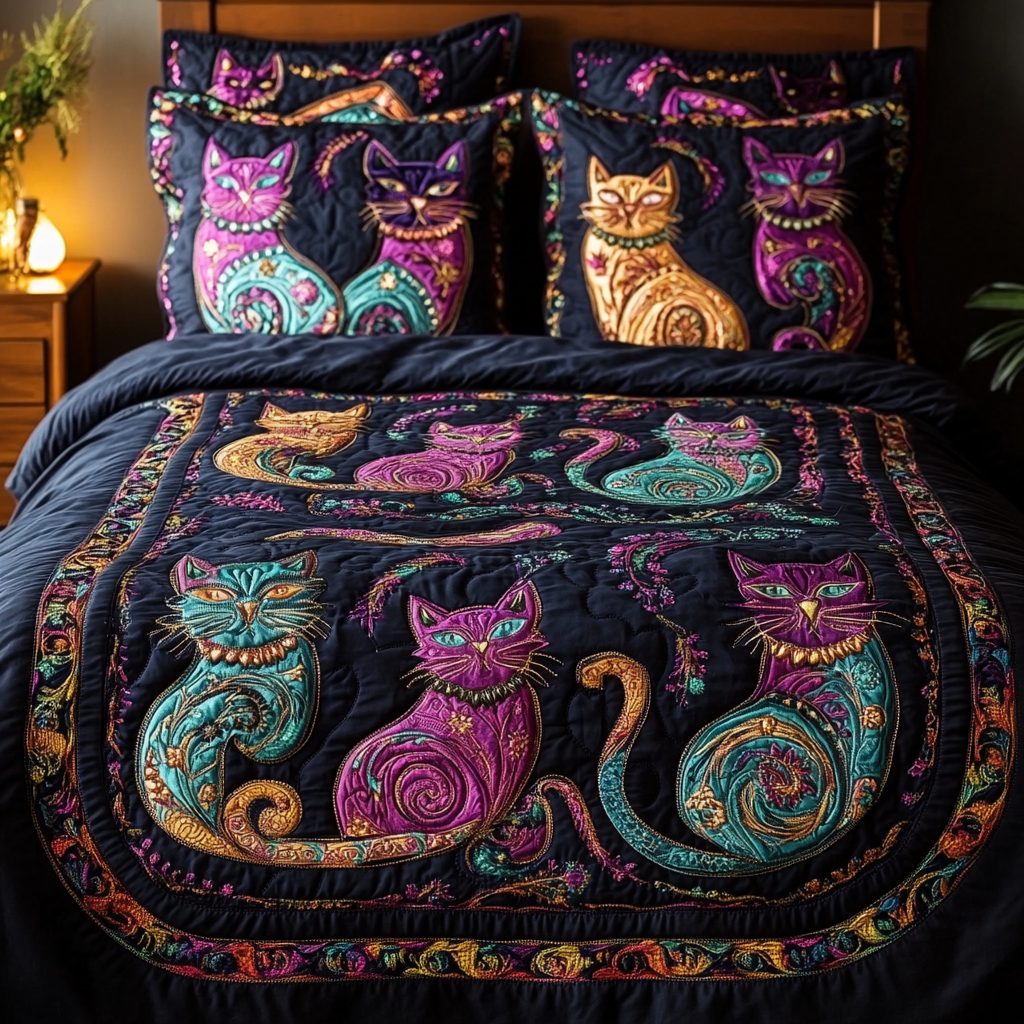 Whisker Charm quilted 3-piece bedding set on a made bed with two matching pillow shams