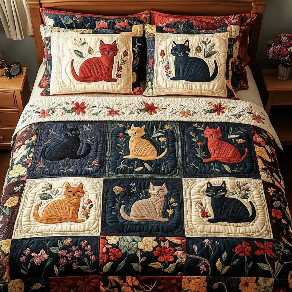Whisker Dreams quilted 3-piece bedding set on a made bed with two matching pillow shams