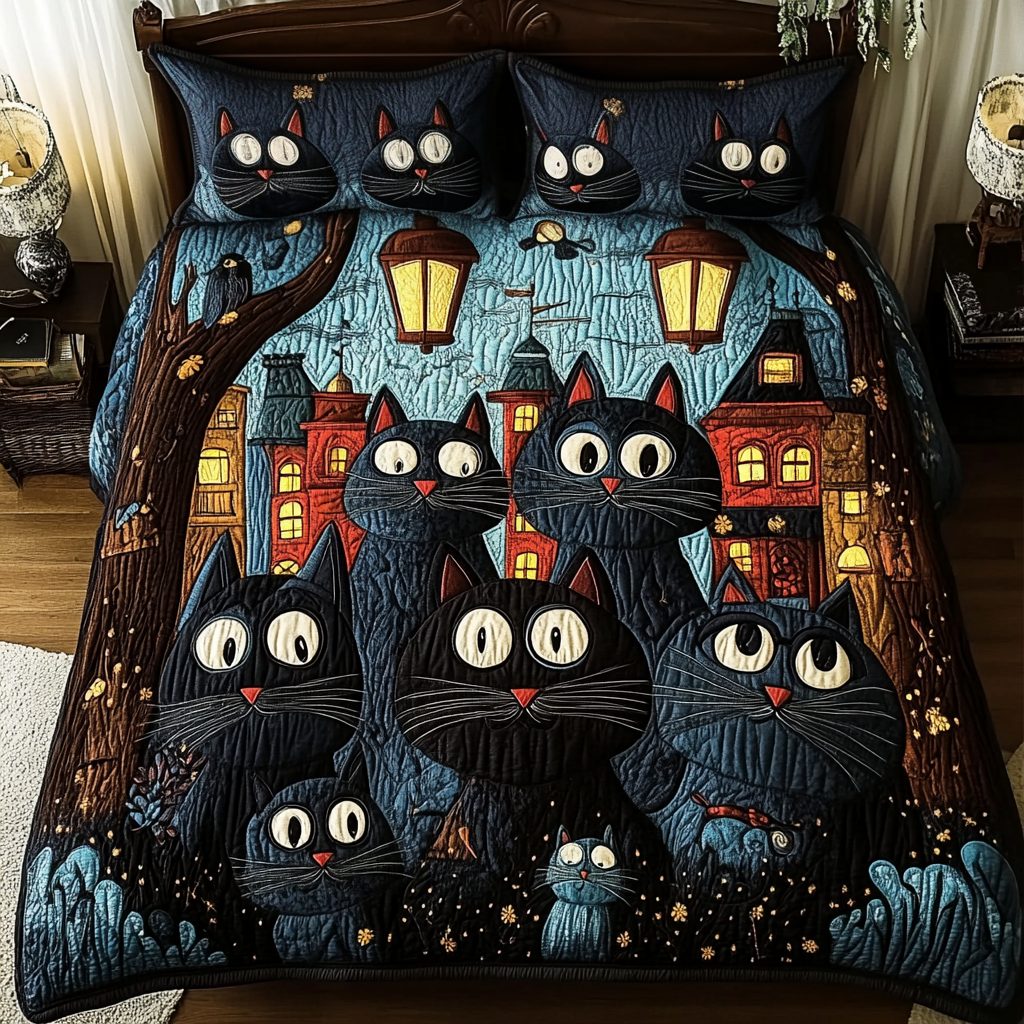 Whisker Dreams quilted 3-piece bedding set on a made bed with two matching pillow shams
