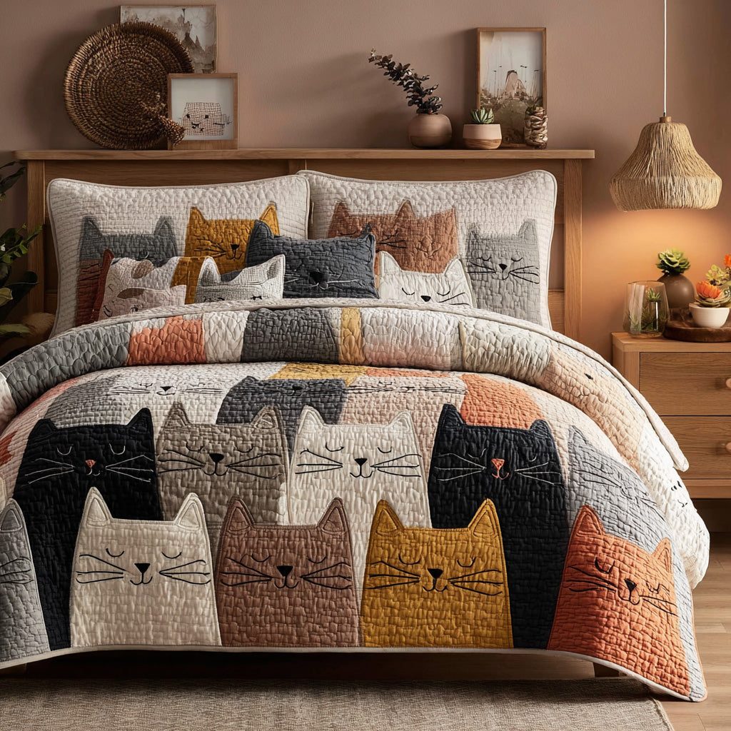 Whisker Faces quilted 3-piece bedding set on a made bed with two matching pillow shams