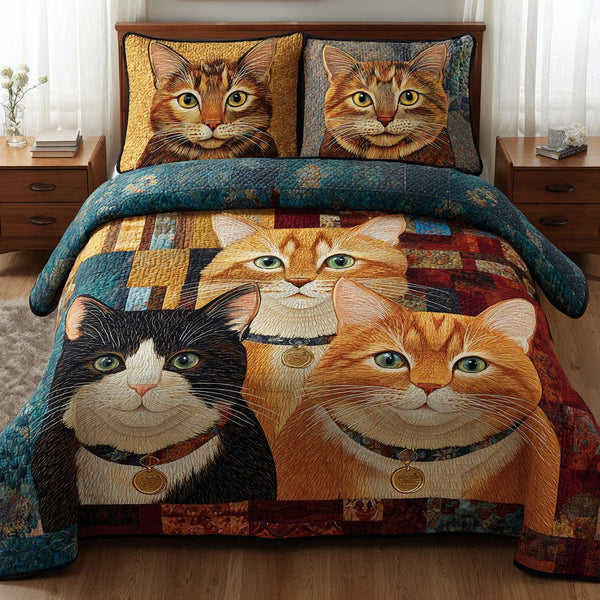 Whisker Friends quilted 3-piece bedding set on a made bed with two matching pillow shams