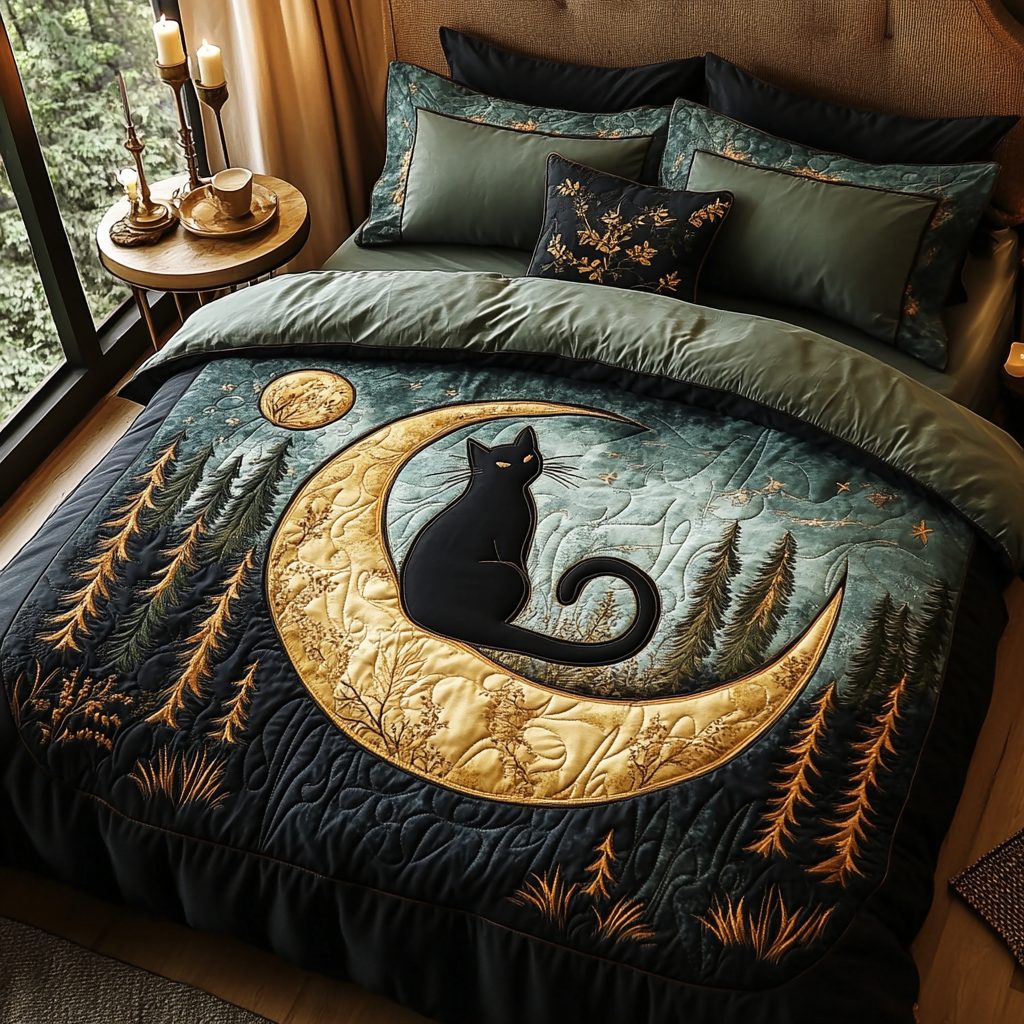 Whisker Garden quilted 3-piece bedding set on a made bed with two matching pillow shams