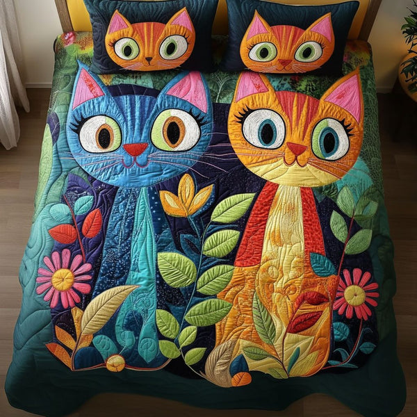 Whisker Garden quilted 3-piece bedding set on a made bed with two matching pillow shams