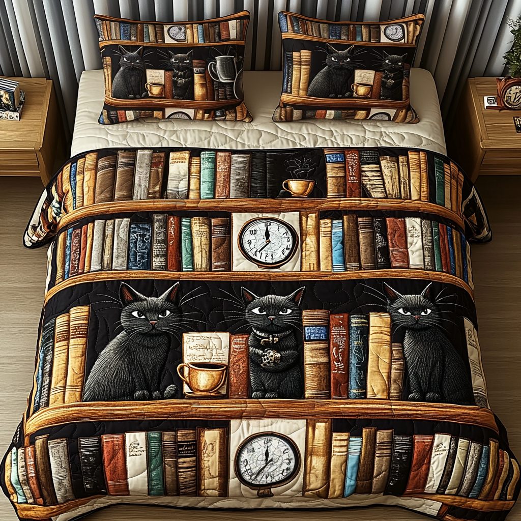 Whisker Library quilted 3-piece bedding set on a made bed with two matching pillow shams
