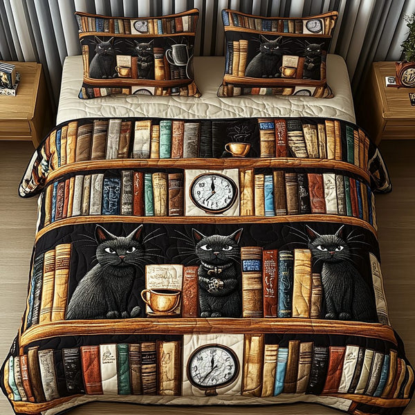 Whisker Library quilted 3-piece bedding set on a made bed with two matching pillow shams