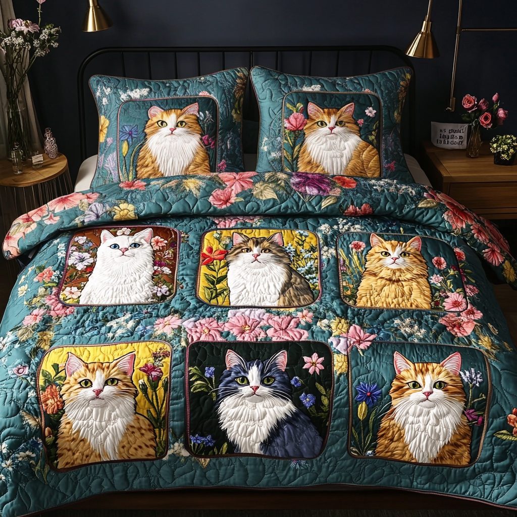 Whisker Patch quilted 3-piece bedding set on a made bed with two matching pillow shams