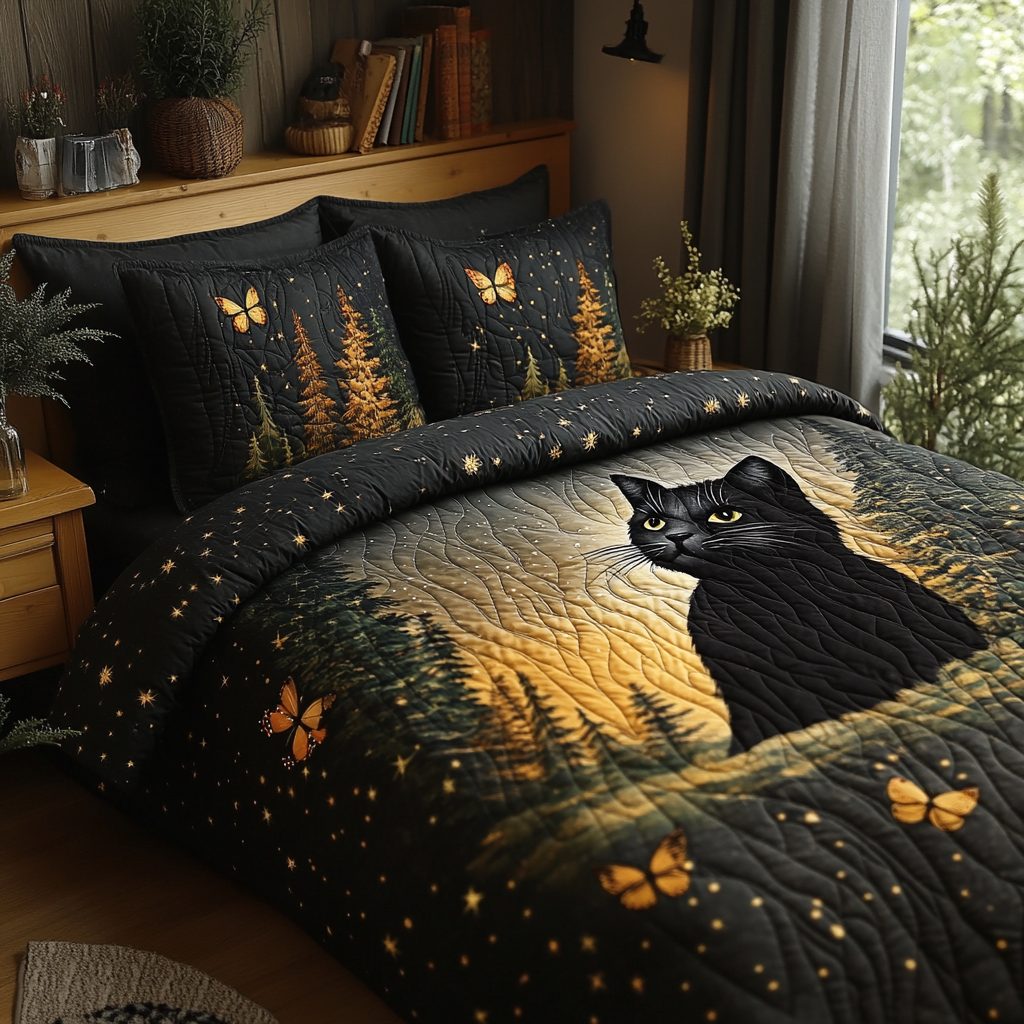 Whisker Watch quilted 3-piece bedding set on a made bed with two matching pillow shams