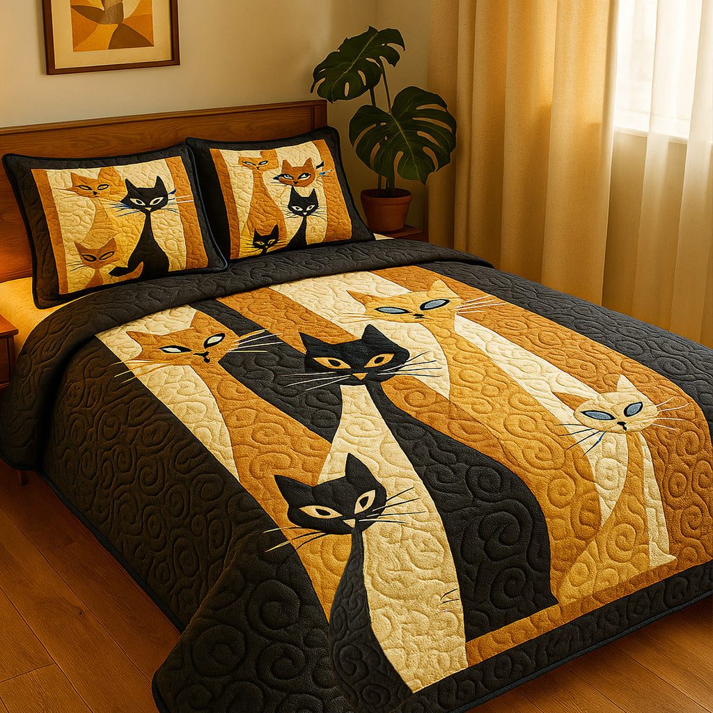 Whisker Watchers quilted 3-piece bedding set on a made bed with two matching pillow shams