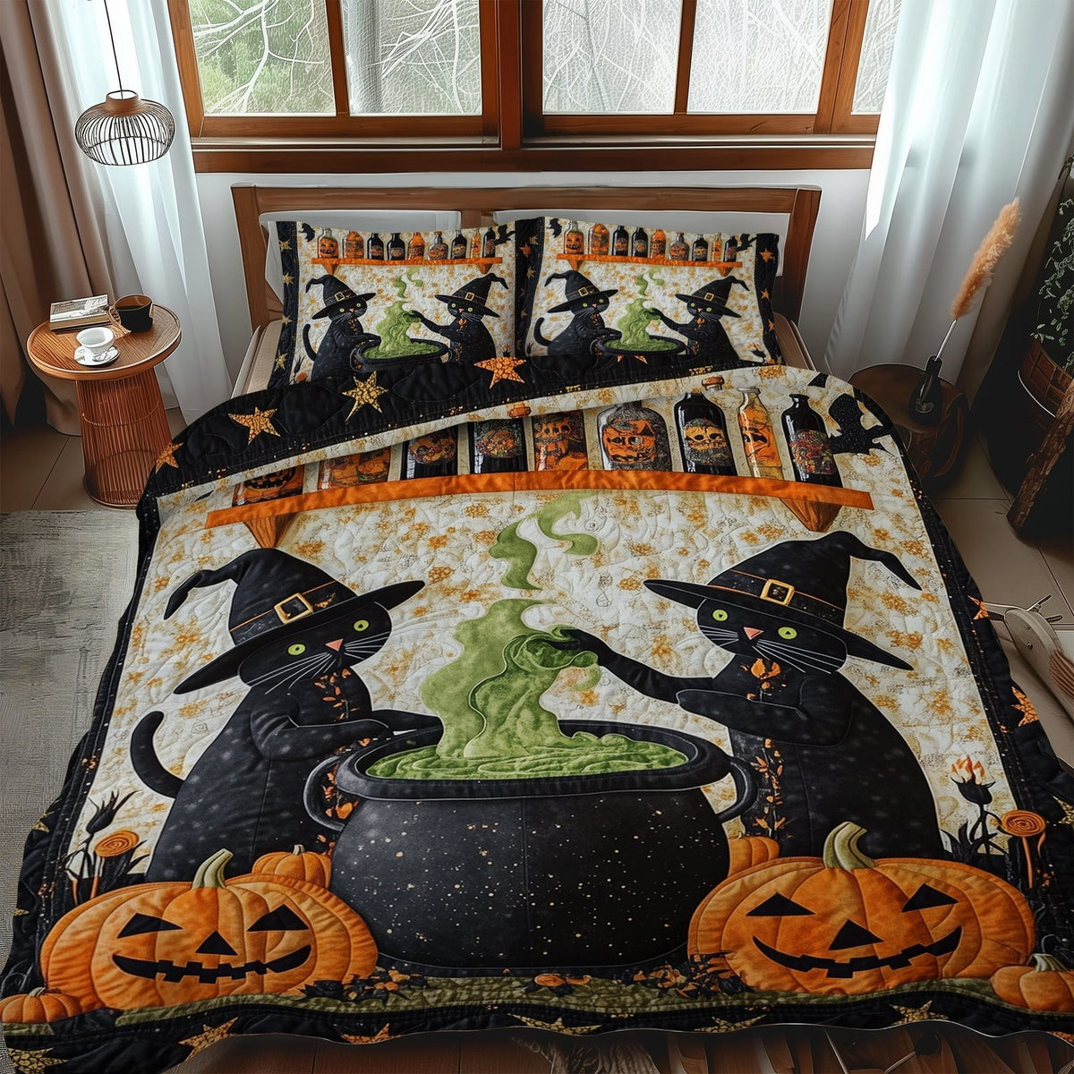 Whisker Witchcraft quilted 3-piece bedding set on a made bed against a dark styled interior