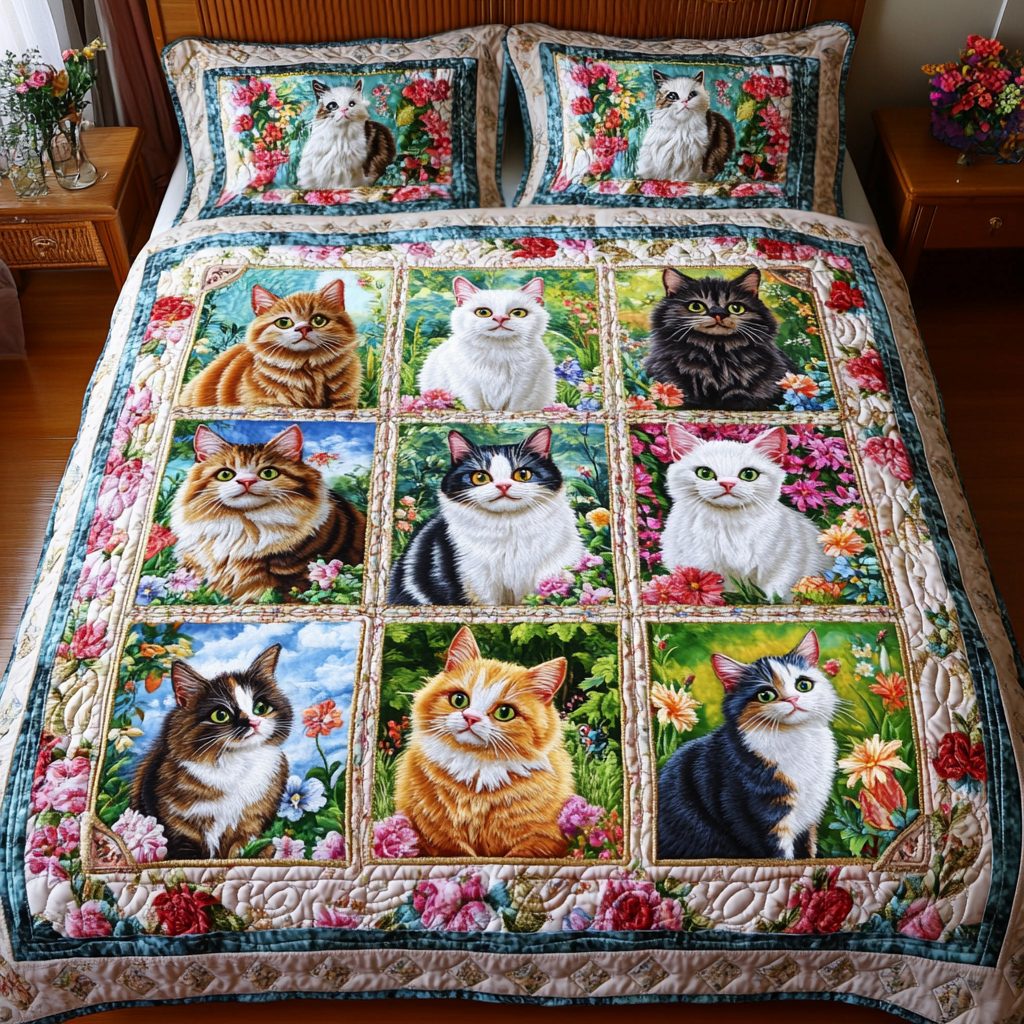Whisker Wonderland quilted 3-piece bedding set on a made bed with two matching pillow shams