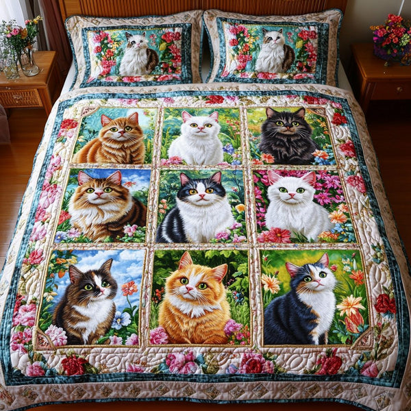 Whisker Wonderland quilted 3-piece bedding set on a made bed with two matching pillow shams