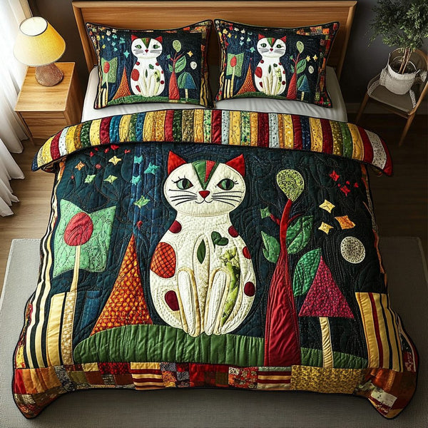 Whisker Wonders quilted 3-piece bedding set on a made bed with two matching pillow shams