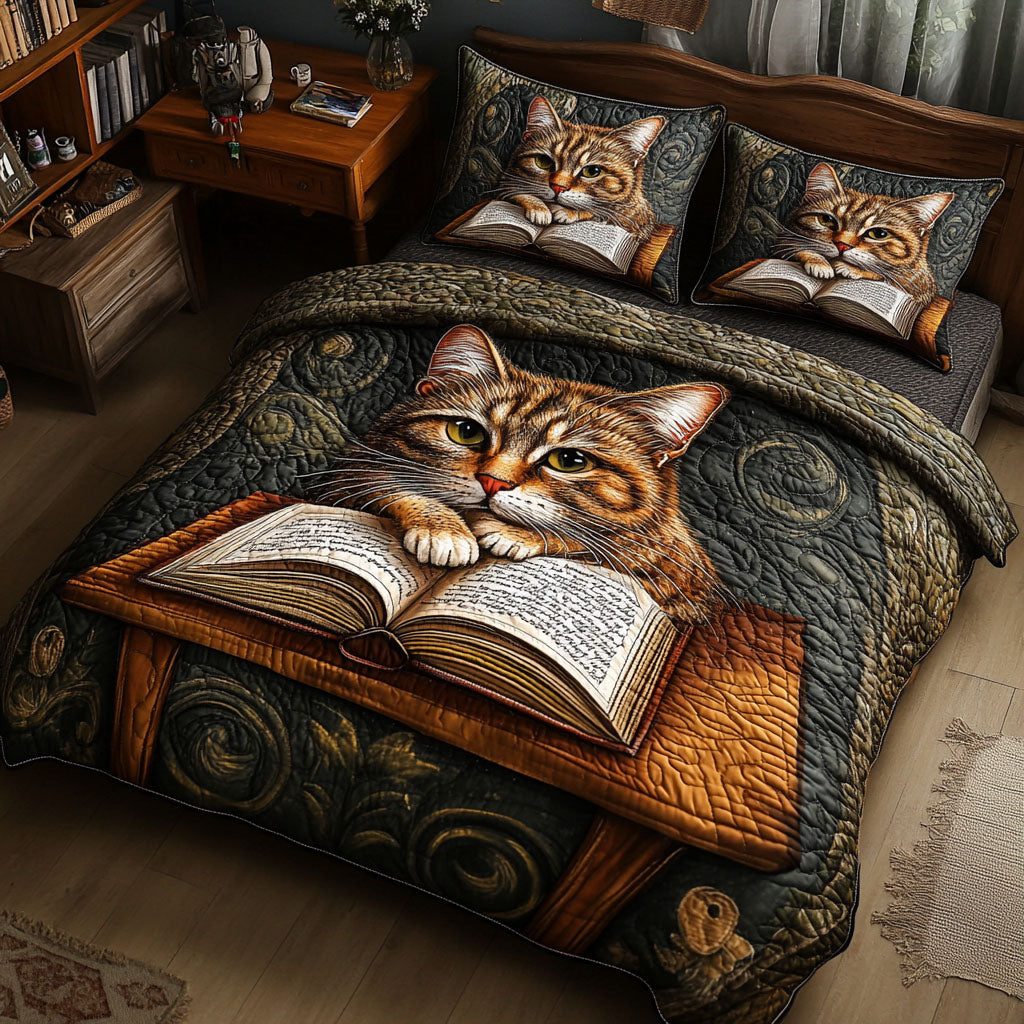 Whiskered Bookworm quilted 3-piece bedding set on a made bed with two matching pillow shams