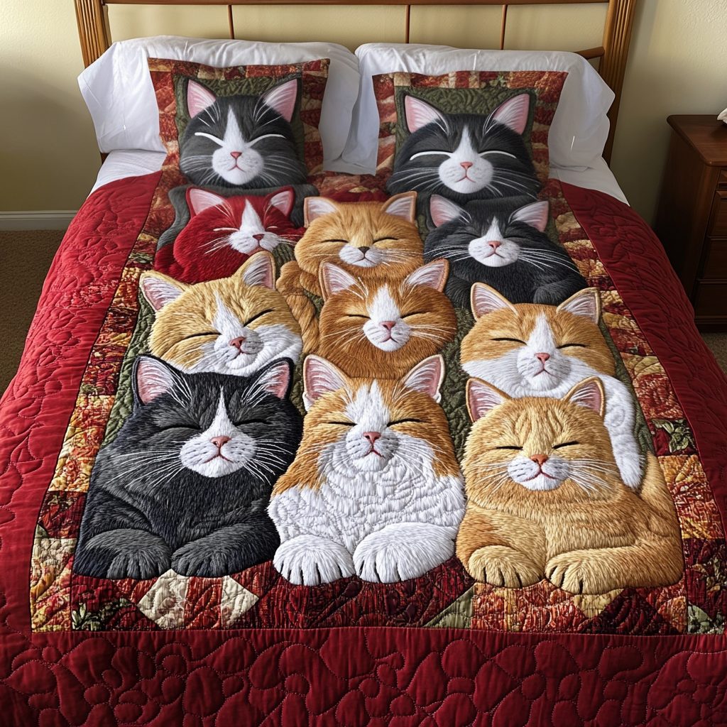 Whiskered Comfort quilted 3-piece bedding set on a made bed with two matching pillow shams