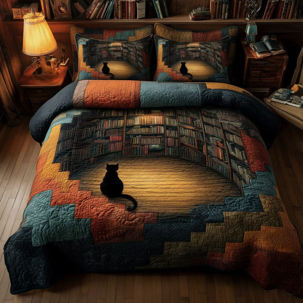 Whiskered Library quilted 3-piece bedding set on a made bed with two matching pillow shams