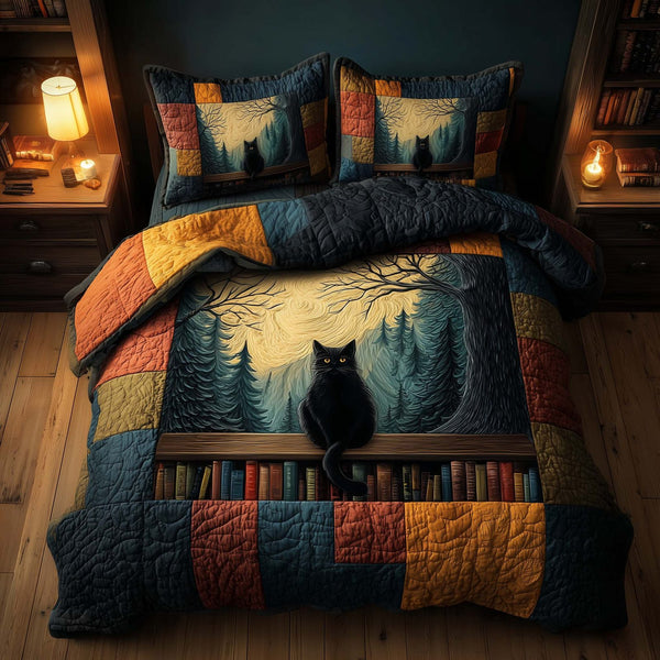 Whiskered Library quilted 3-piece bedding set on a made bed with two matching pillow shams