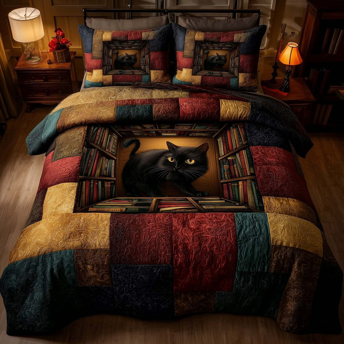 Whiskered Library quilted 3-piece bedding set on a made bed with two matching pillow shams