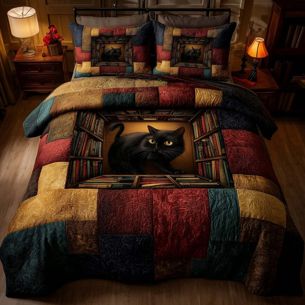 Whiskered Library quilted 3-piece bedding set on a made bed with two matching pillow shams